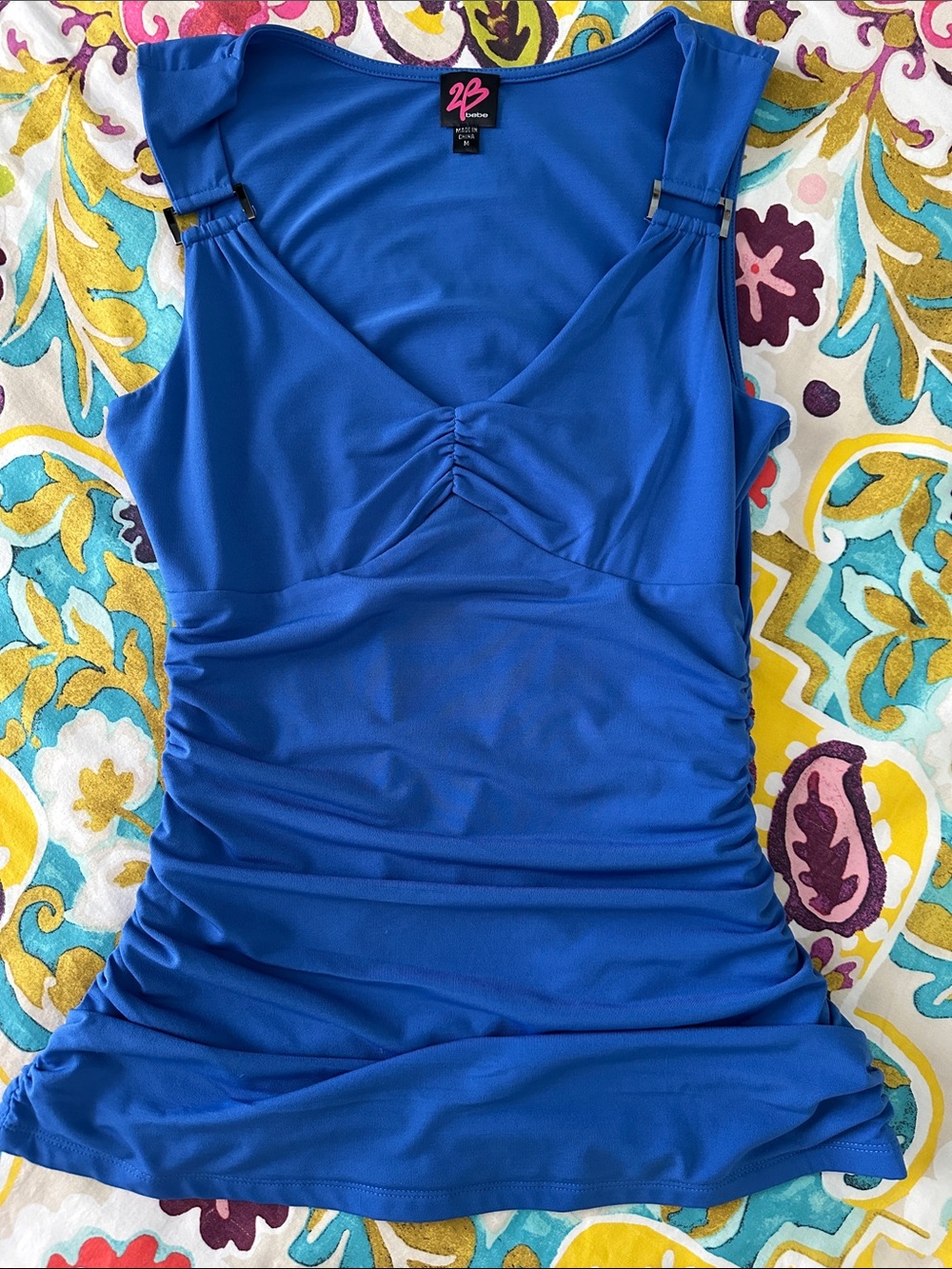 bebe Cobalt Blue Ruched V-Neck Tank Top